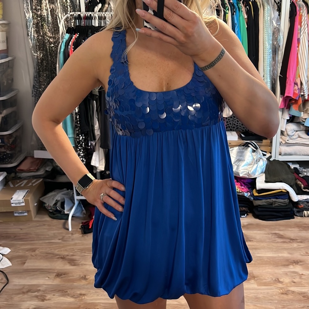 Alice + Olivia Y2K Bright Blue Paillette Silk Bubble Dress - Picture 13 of 14